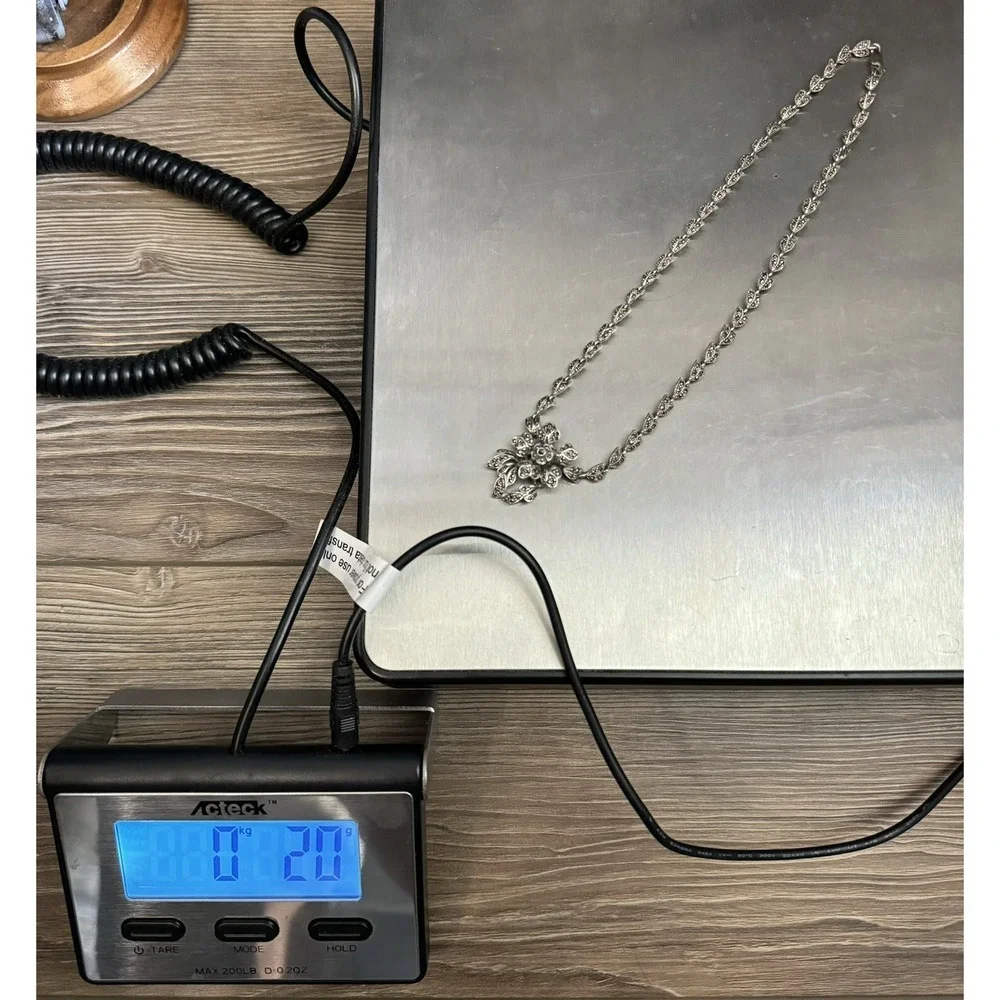 Vintage .925 Sterling Silver Marcasite Flower Pendant Choker 17" Necklace NF - Picture 9 of 10